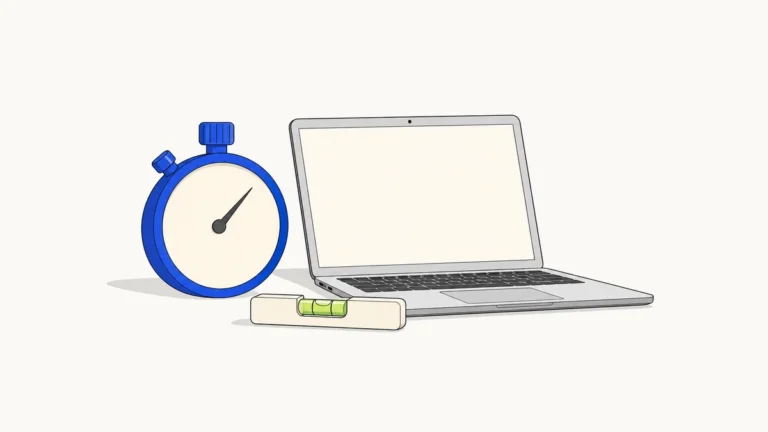 Kobaltowy stoper bez oznaczeń obok laptopa z pustym ekranem i poziomicy.
